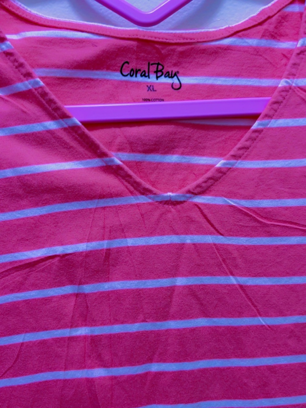 Coral Bay Pink and White Striped V-Neck Short Sleeve Top